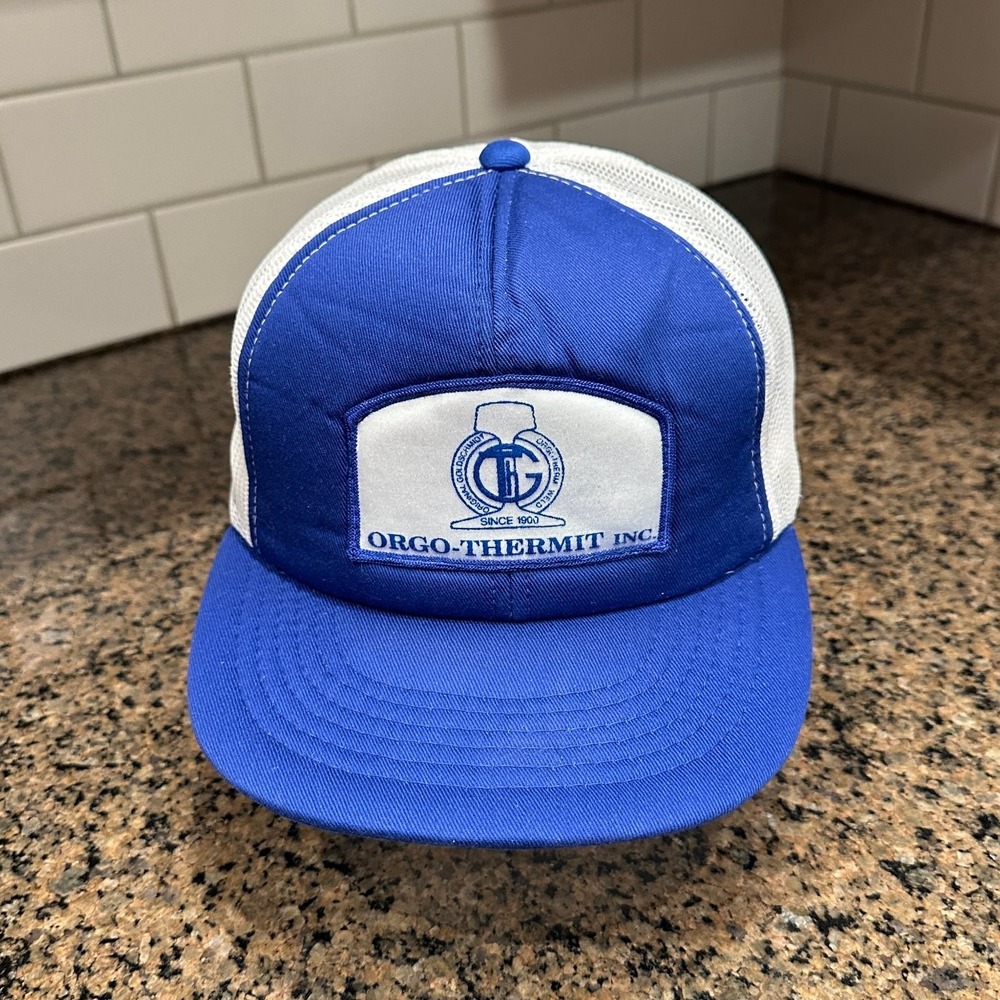 Vtg ORGO-THERMIT Cardinal Cap & Jacket Co. Trucker Hat Snapback Blue White